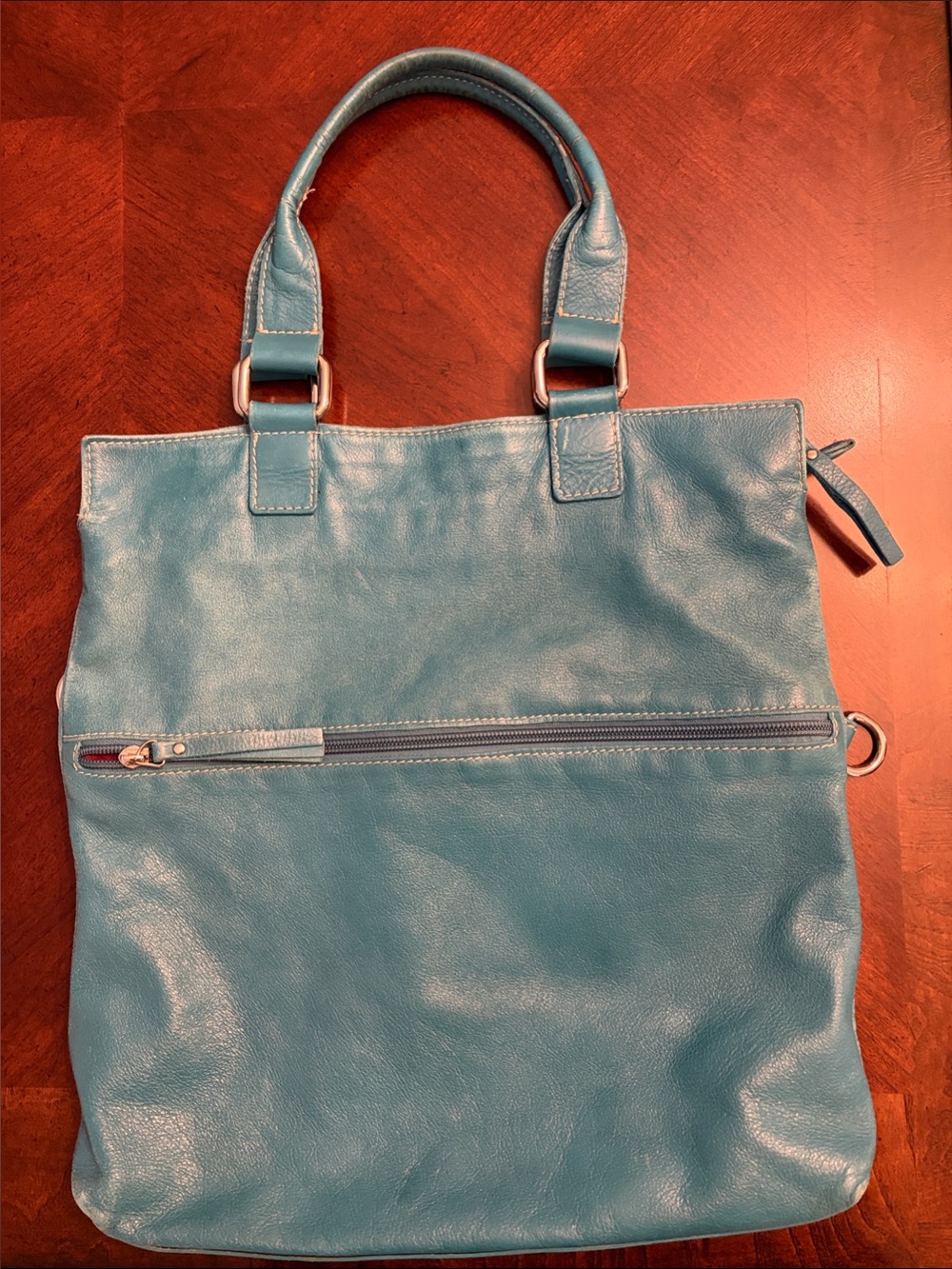 Turquoise Leather Tote with Top Handles